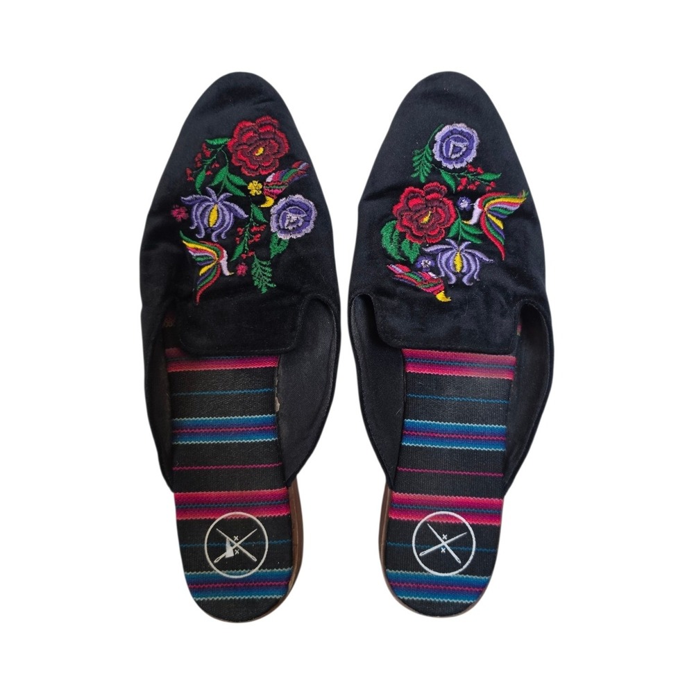 Inkkas Frida Floral Embroidered Boho Cottage Extra Velour Slip on Mules sz 9